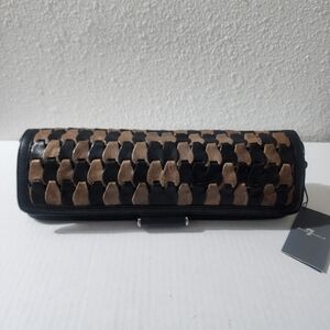 7 For All Mankind Woven Leather Slouchy Shoulder Bag Black Taupe NWT